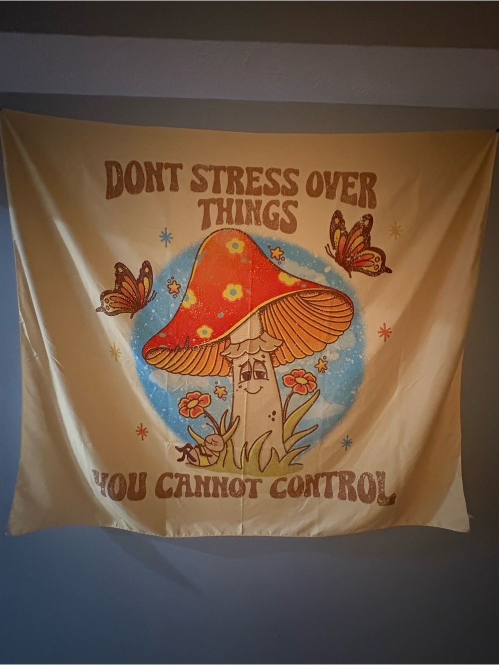 Don’t Stress Over Things Mushroom Wall Tapestry - Beige & Red